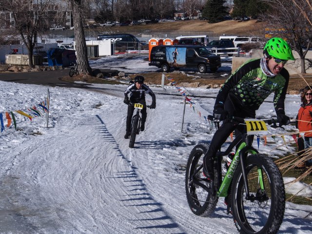 Just before the finish. James Stull (in green) of Anchorage wins with Jeffrey Montague of Provo, UT taking second place.