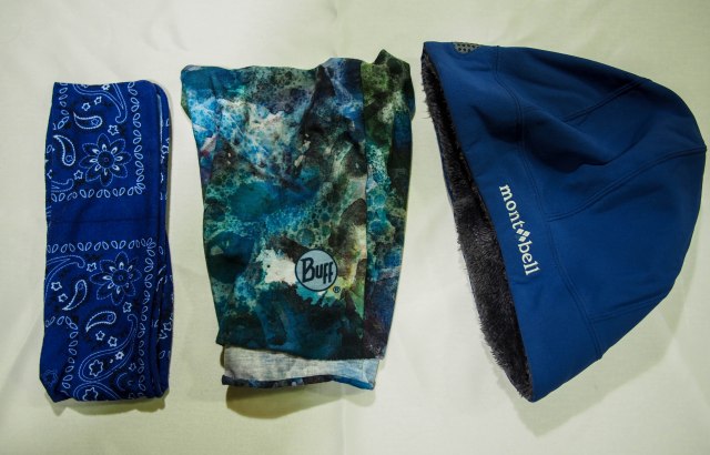 L to R: half of a Buff, full size Buff, softshell beanie