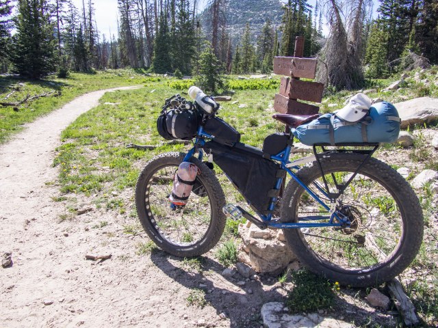 Surly Pugsley with Revelate Designs frame pack, Gas Tank, Jerry Can, and front handlebar pocket.