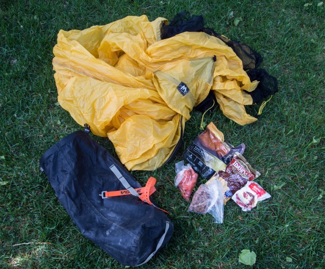 Outdoor Research 10 liter dry bag mounted on fork